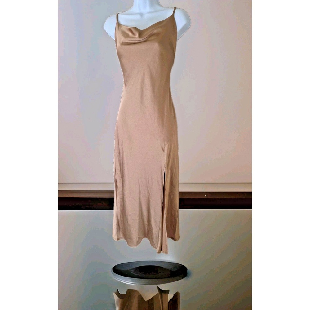 Paper Heart Maxi Slip Dress S Brown Satin Cowl Neck Adjustable Straps Slit Sexy